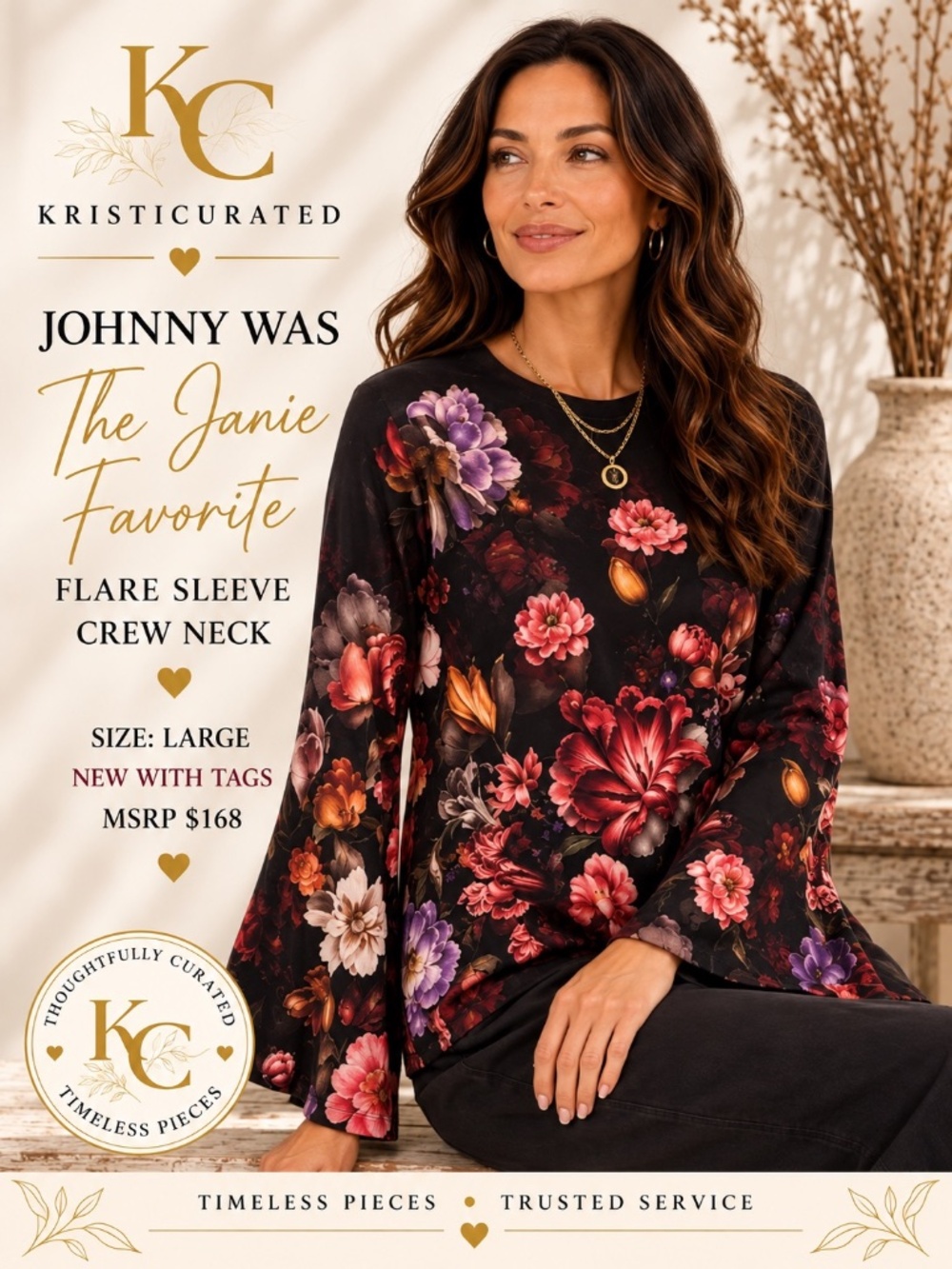 Johnny Was Janie Favorite Beckett Blooms Flare Sleeve Top L NWT